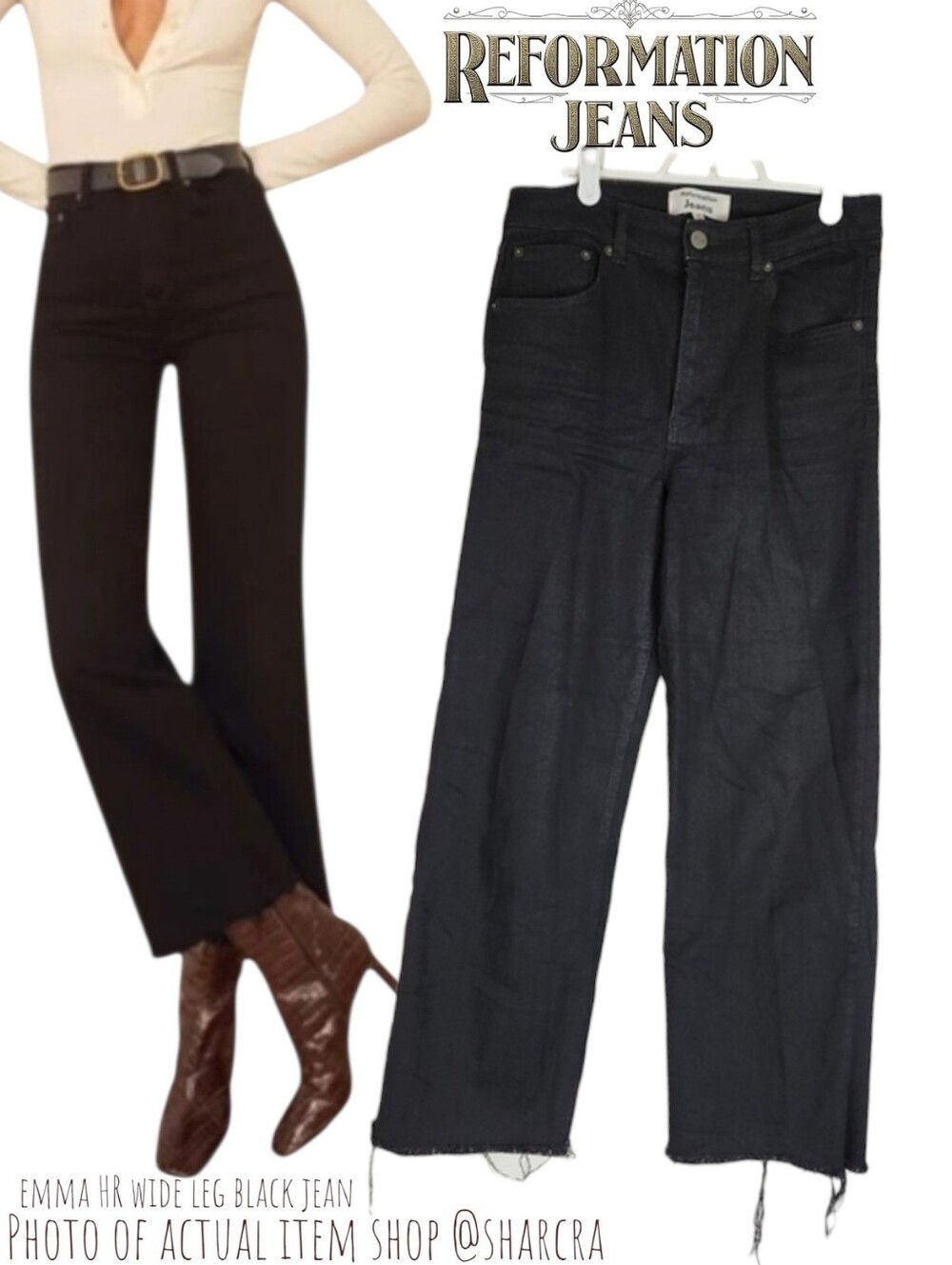 Reformation Jeans Women's emma high rise wide leg black Denim Jean Frayed Hem 28